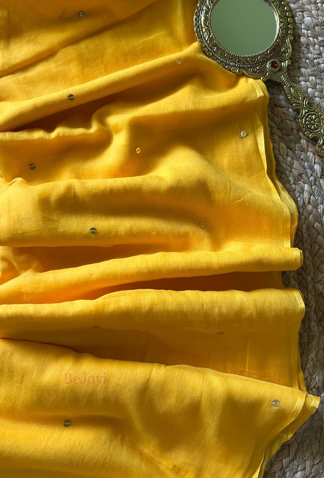 Mustard Yellow Sequin Mulmul Cotton Saree