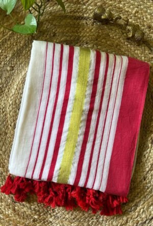 Uma – Red & Golden Striped Border White Mulmul Cotton Saree