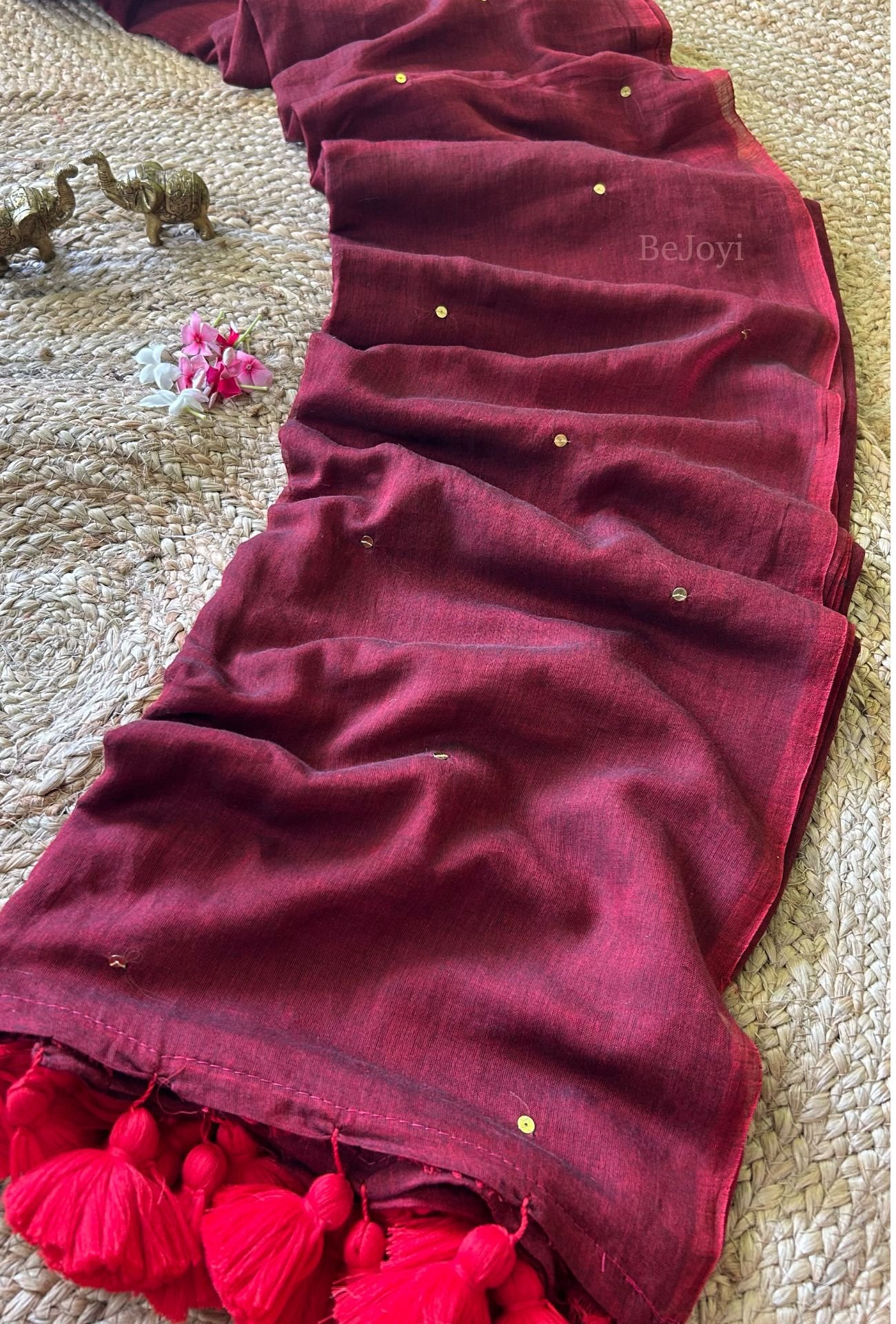 Wine Maroon Sequin Mulmul Cotton Saree