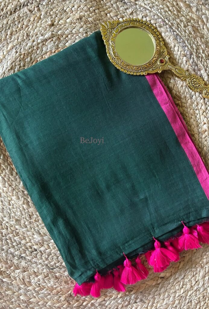 Deep Teal with Pink Border Mulmul Cotton Saree