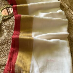Devika – White Gold Zari Red Border Mulmul Cotton Saree