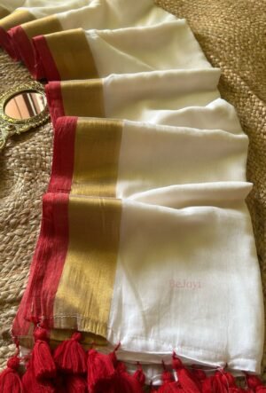 Devika – White Gold Zari Red Border Mulmul Cotton Saree