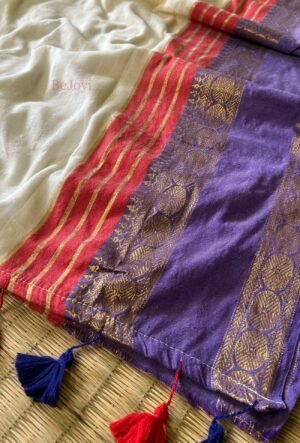 White & Purple Kanchi Border Mulmul Cotton Saree