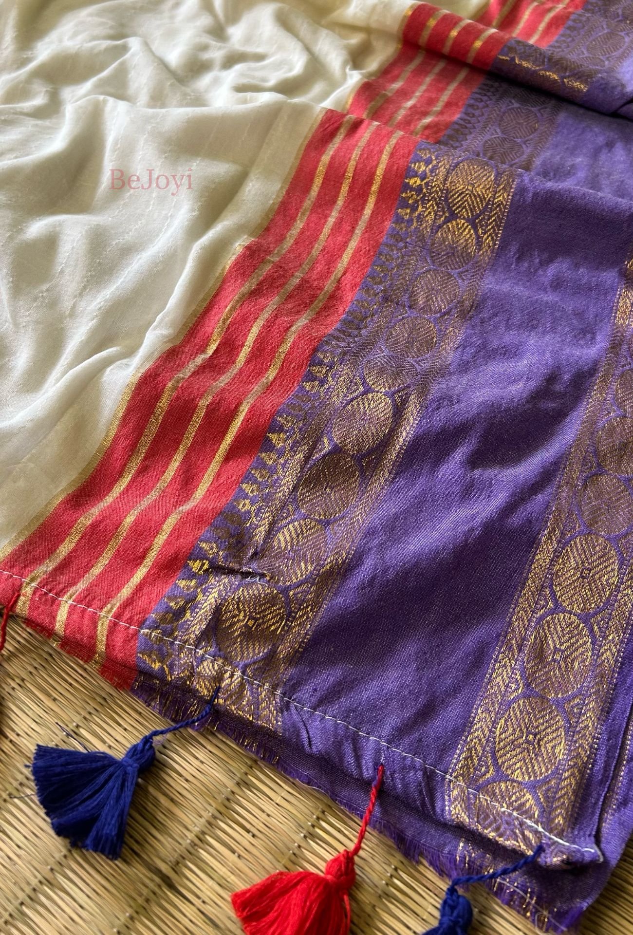 White & Purple Kanchi Border Mulmul Cotton Saree