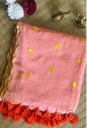 Peach & Golden Heart Embroidery Scallop Border Mulmul Cotton Saree