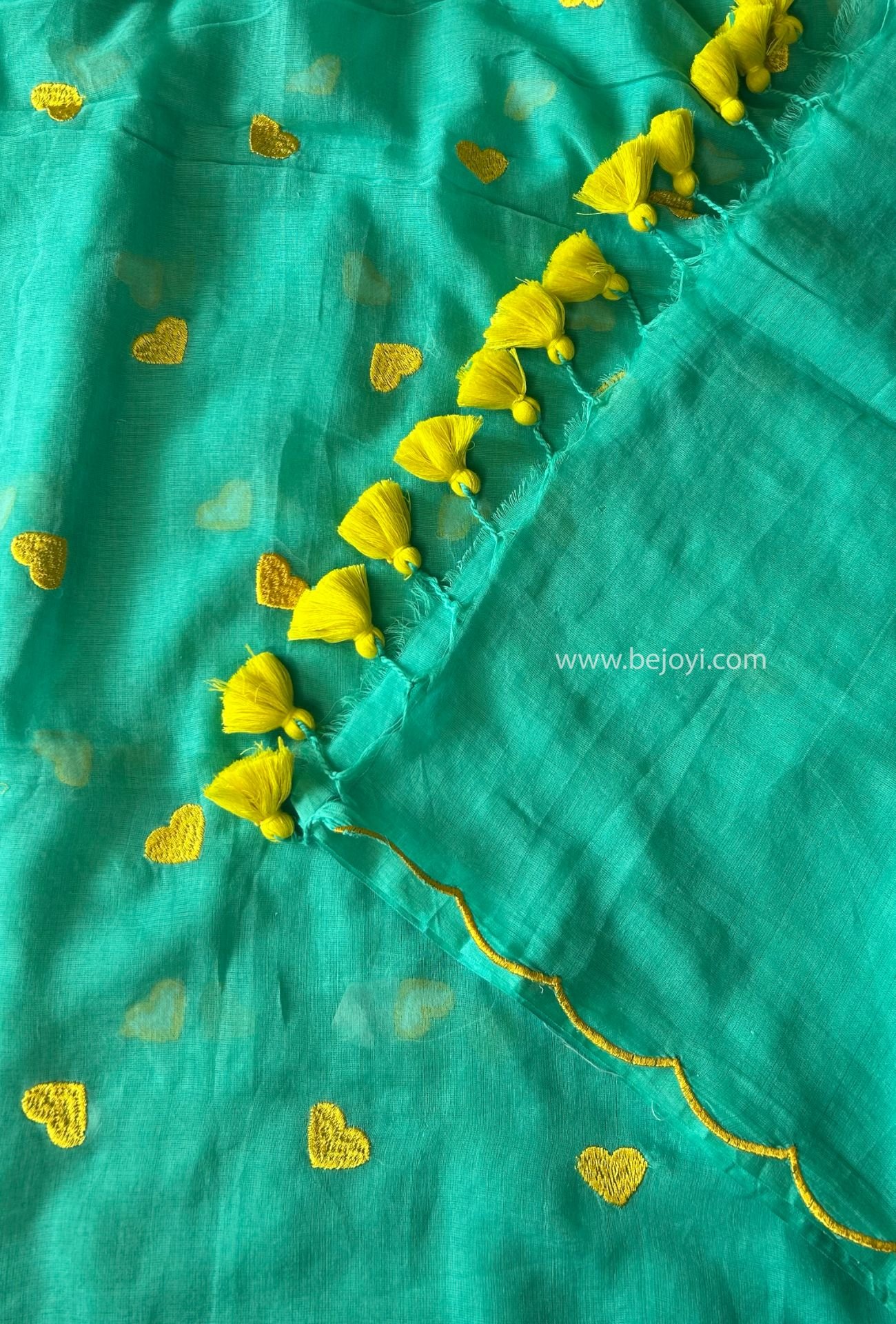 Turquoise & Golden Heart Embroidery Scallop Border Mulmul Cotton Saree