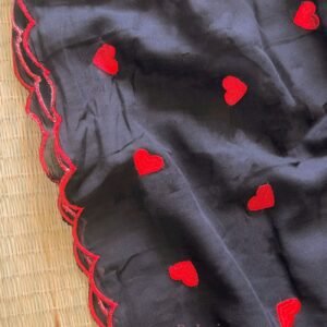 Black & Red Heart Embroidery Scallop Border Mulmul Cotton Saree