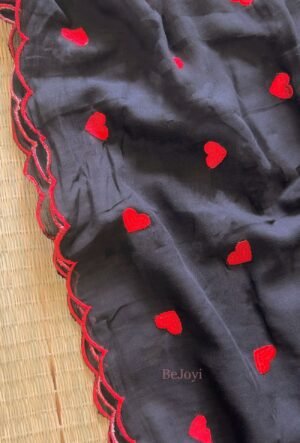Black & Red Heart Embroidery Scallop Border Mulmul Cotton Saree