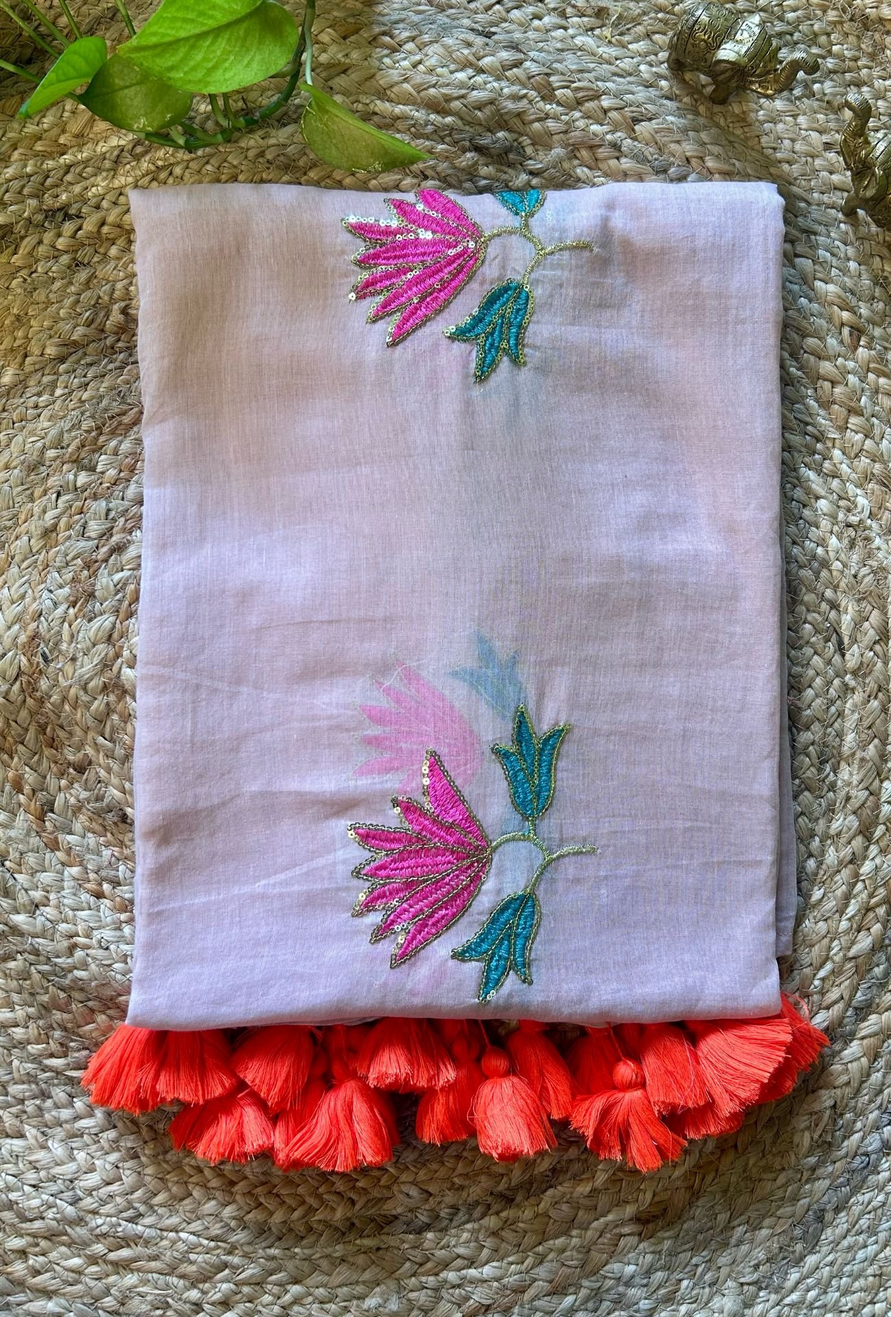 Kamalika – Blush Pink Floral Sequin Embroidery Mulmul Cotton Saree