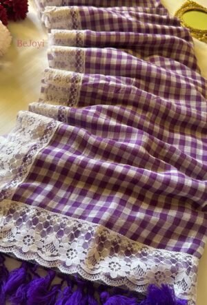 Purple & White Check with Lace Border Mulmul Cotton Saree