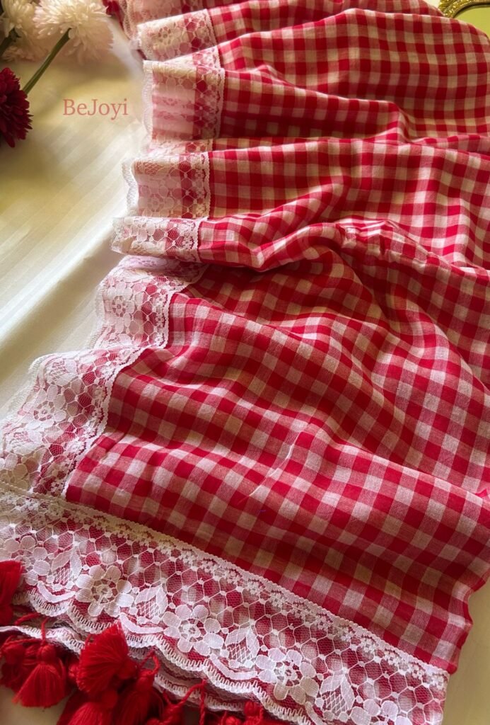 Red & White Check with Lace Border Mulmul Cotton Saree