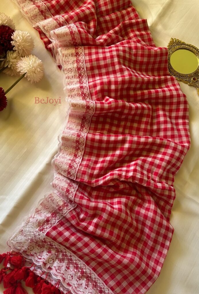 Red & White Check with Lace Border Mulmul Cotton Saree