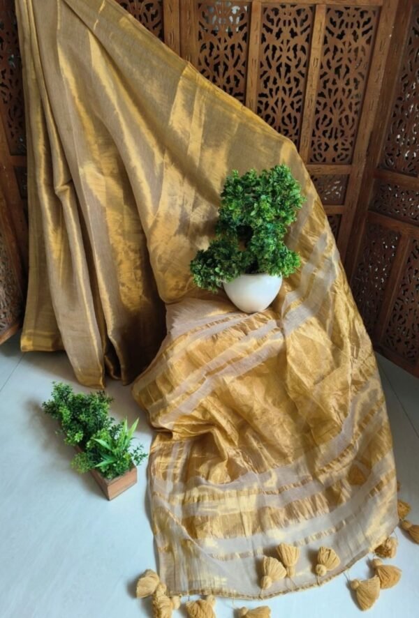 Golden Beige Cotton Raga Tissue Saree