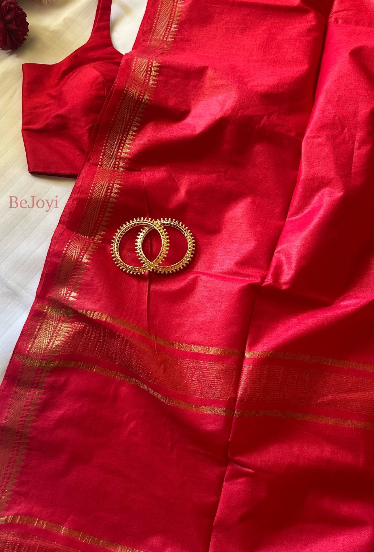 Red & Golden Zari Mercerised Cotton Mangalagiri Saree