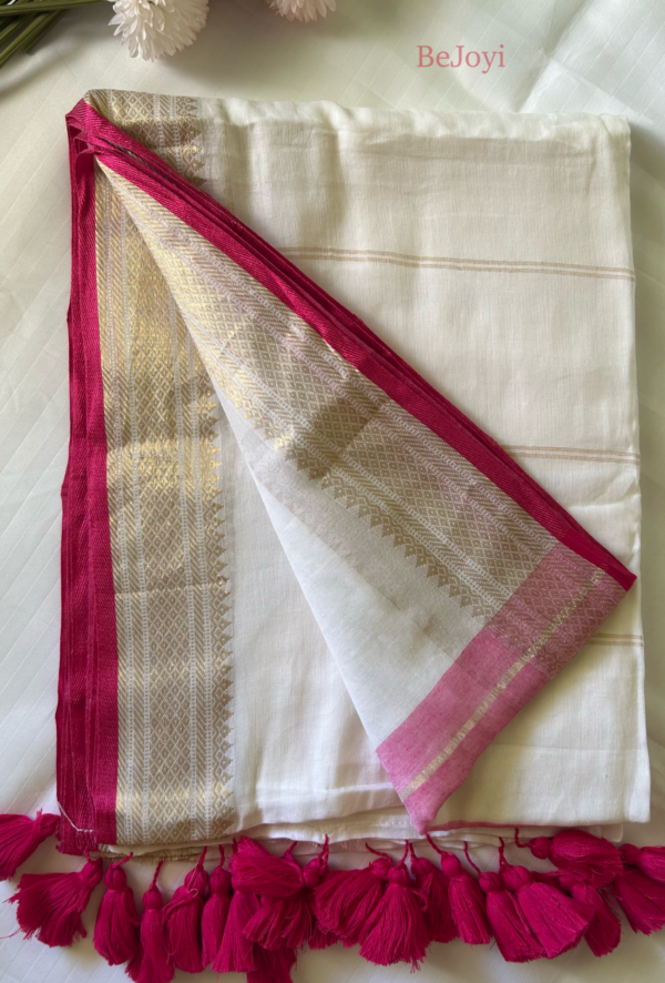 Aradhya – White with Pink & Golden Zari Border Mulmul Cotton Saree