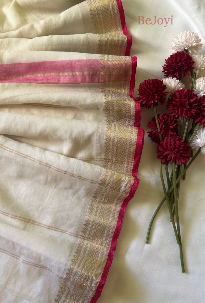 Aradhya – White with Pink & Golden Zari Border Mulmul Cotton Saree
