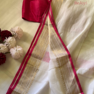 Aradhya – White with Pink & Golden Zari Border Mulmul Cotton Saree