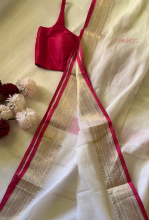 Aradhya – White with Pink & Golden Zari Border Mulmul Cotton Saree