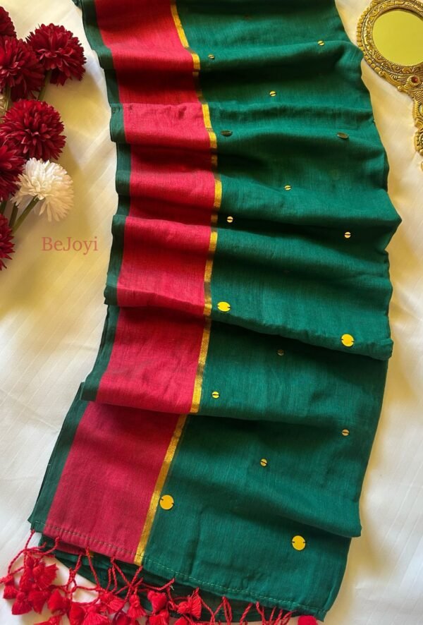 Ragini – Emerald Green & Rani Pink Sequin Mulmul Cotton Saree