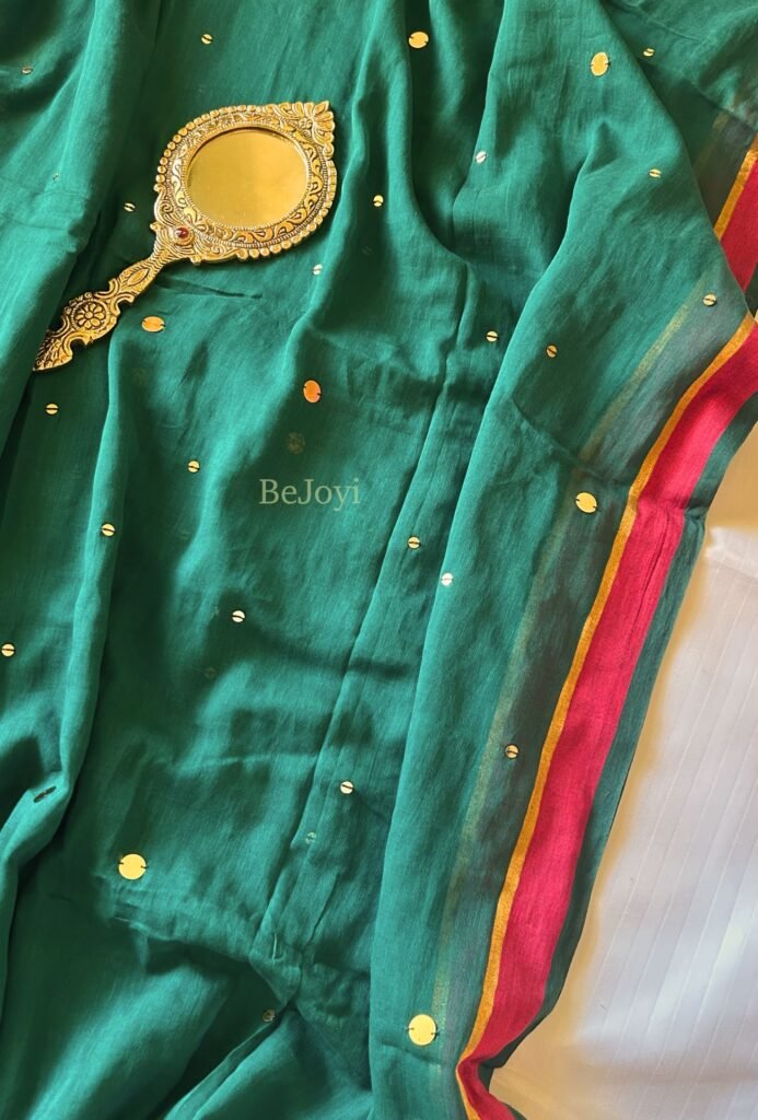 Ragini – Emerald Green & Rani Pink Sequin Mulmul Cotton Saree