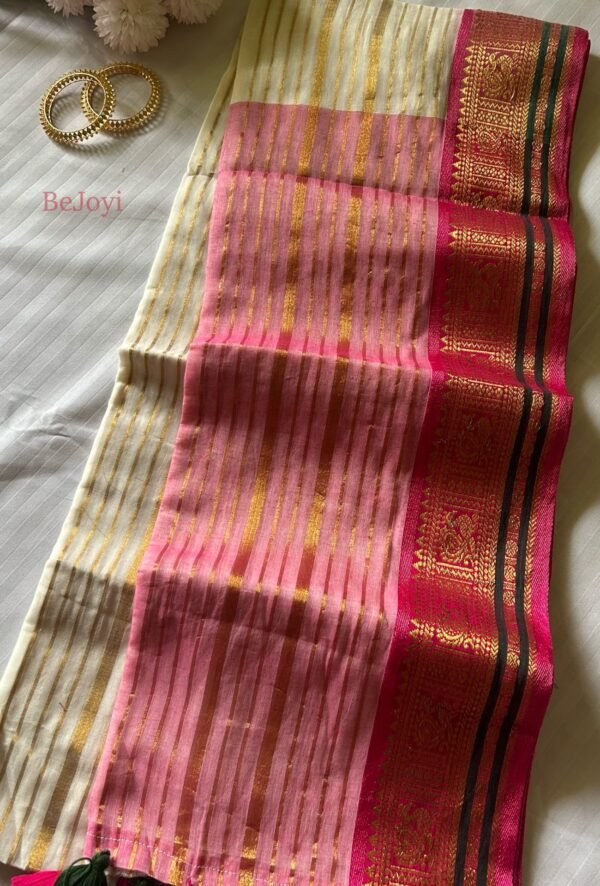 Kaveri – Pink & Golden Zari Striped Mulmul Cotton Saree