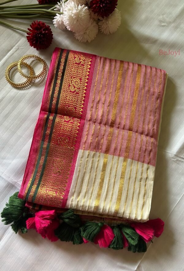 Kaveri – Pink & Golden Zari Striped Mulmul Cotton Saree