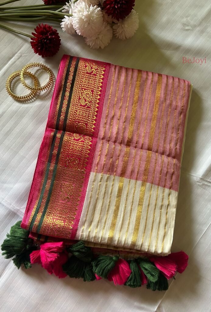 Kaveri – Pink & Golden Zari Striped Mulmul Cotton Saree