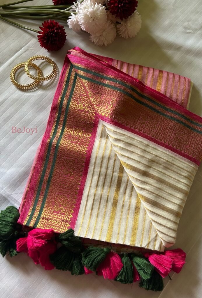Kaveri – Pink & Golden Zari Striped Mulmul Cotton Saree