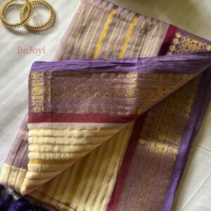 Kaveri – Purple & Gold Zari Striped Mulmul Cotton Saree