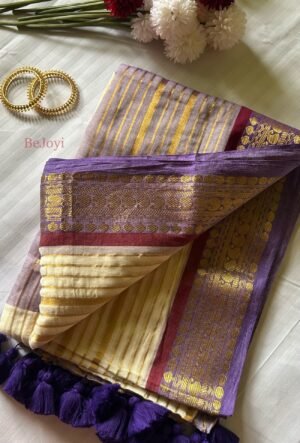 Kaveri – Purple & Gold Zari Striped Mulmul Cotton Saree