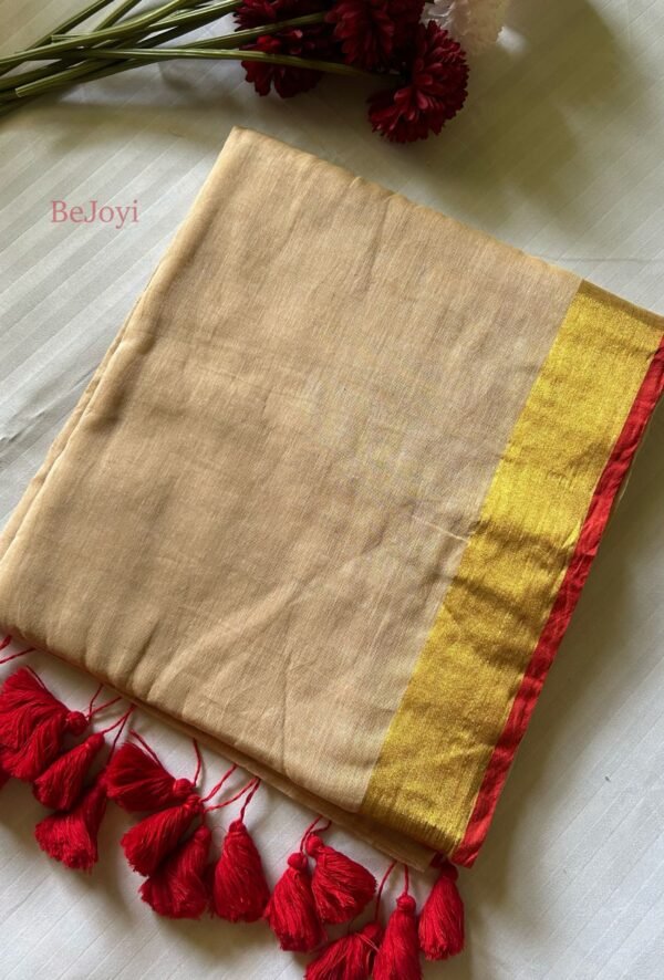 Devika – Sandalwood Beige Gold Zari Red Border Mulmul Saree