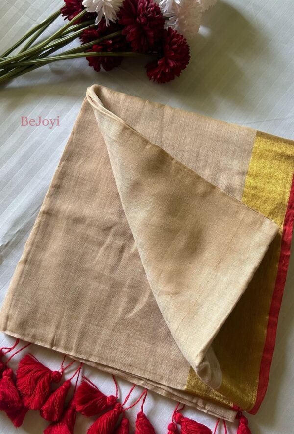 Devika – Sandalwood Beige Gold Zari Red Border Mulmul Saree