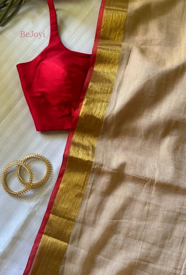 Devika – Sandalwood Beige Gold Zari Red Border Mulmul Saree
