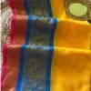 Kaveri – Mustard Yellow, Blue & Pink Zari Mulmul Cotton Saree