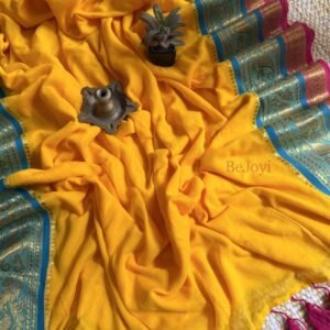 Kaveri – Mustard Yellow, Blue & Pink Zari Mulmul Cotton Saree