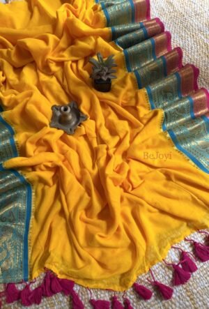 Kaveri – Mustard Yellow, Blue & Pink Zari Mulmul Cotton Saree