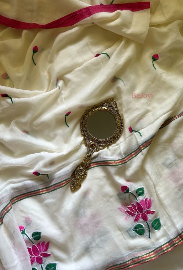 Kamalika – White Lotus Embroidery Mulmul Cotton Saree