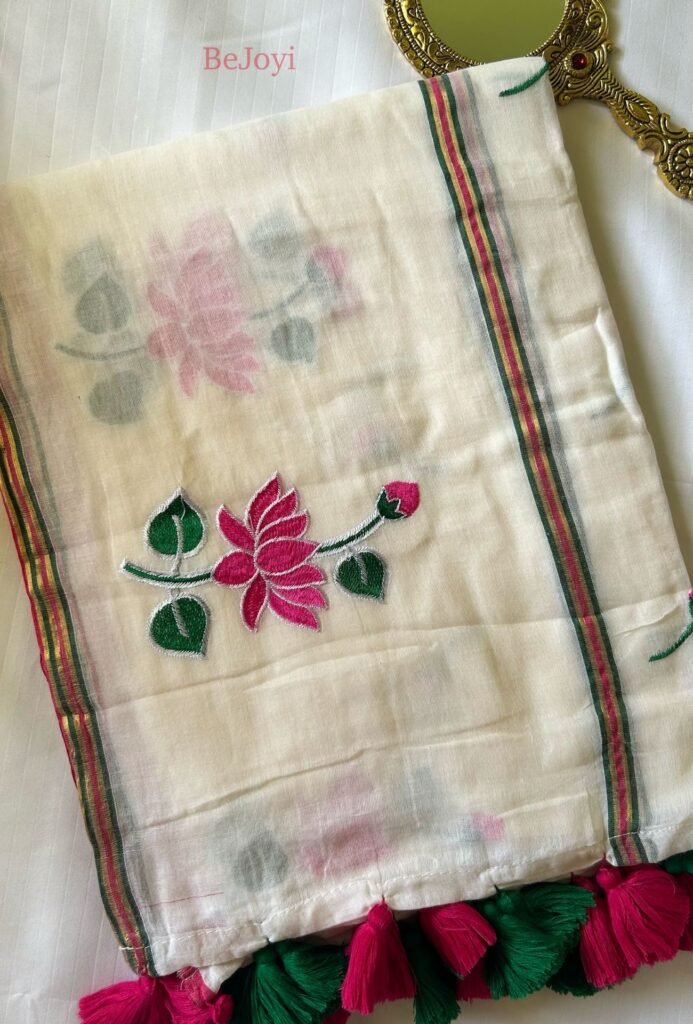Kamalika – White Lotus Embroidery Mulmul Cotton Saree