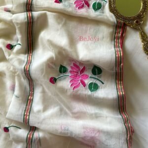 Kamalika – White Lotus Embroidery Mulmul Cotton Saree
