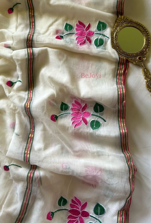 Kamalika – White Lotus Embroidery Mulmul Cotton Saree