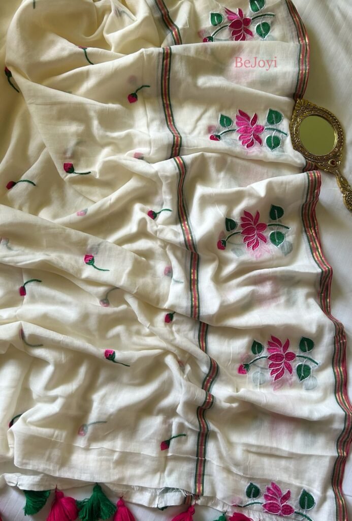 Kamalika – White Lotus Embroidery Mulmul Cotton Saree