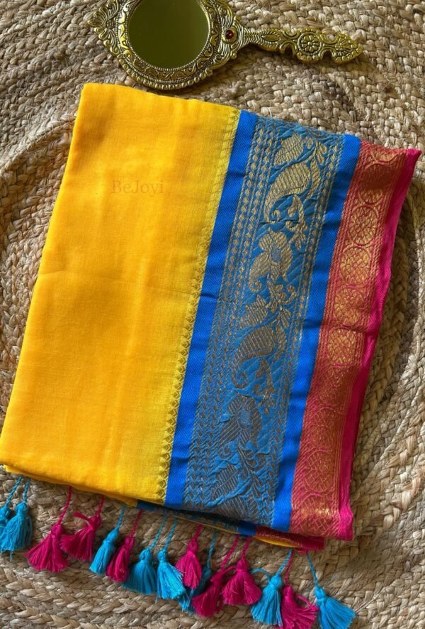 Kaveri – Mustard Yellow, Blue & Pink Zari Mulmul Cotton Saree