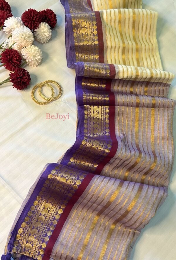 Kaveri – Purple & Gold Zari Striped Mulmul Cotton Saree