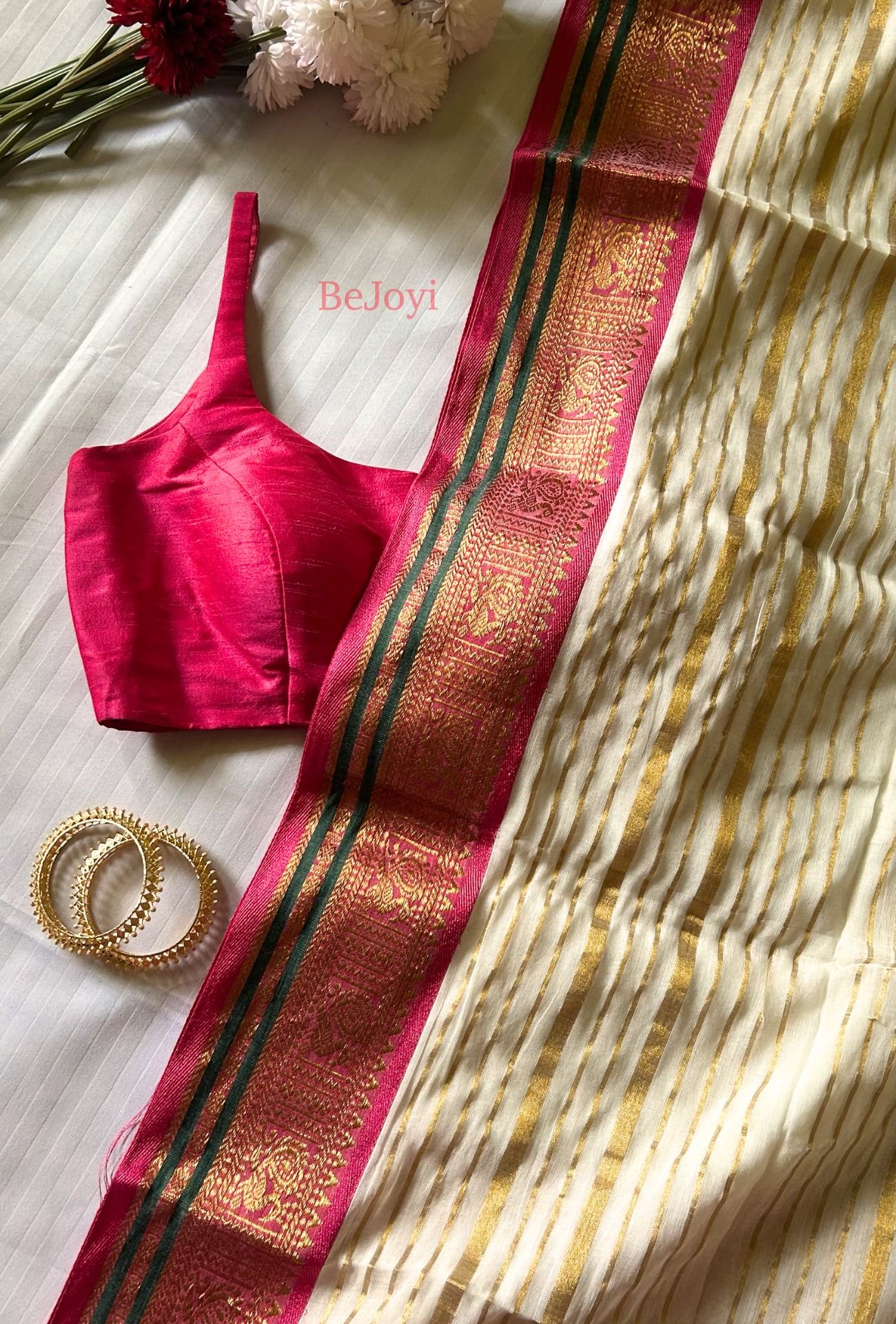 Kaveri – Pink & Golden Zari Striped Mulmul Cotton Saree