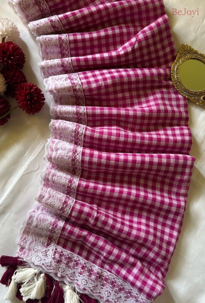 Gingham Deep Pink Check with Lace Border Mulmul Cotton Saree