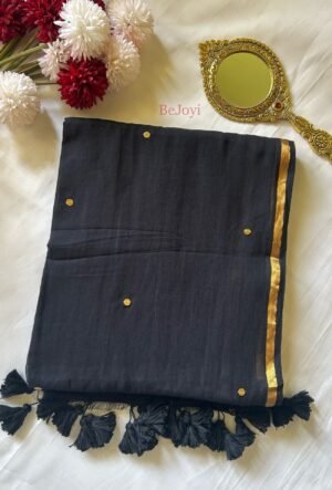 Zarna – Black & Golden Zari Sequin Mulmul Cotton Saree