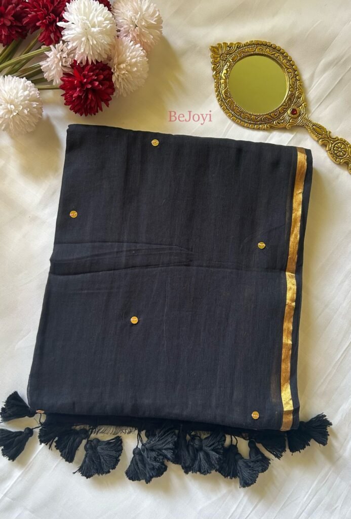 Zarna – Black & Golden Zari Sequin Mulmul Cotton Saree