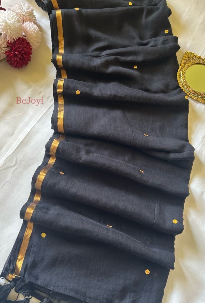 Zarna – Black & Golden Zari Sequin Mulmul Cotton Saree