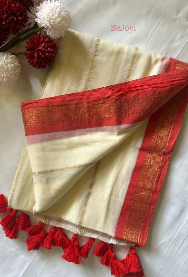 Ananya – Ivory & Red Golden Zari Mulmul Cotton Saree