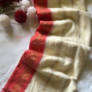 Ananya – Ivory & Red Golden Zari Mulmul Cotton Saree
